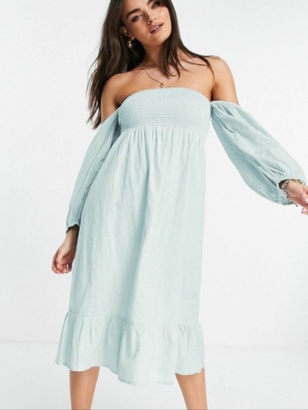 Cotton/Linen Smocked Boho Prairie Off Shoulder Dress